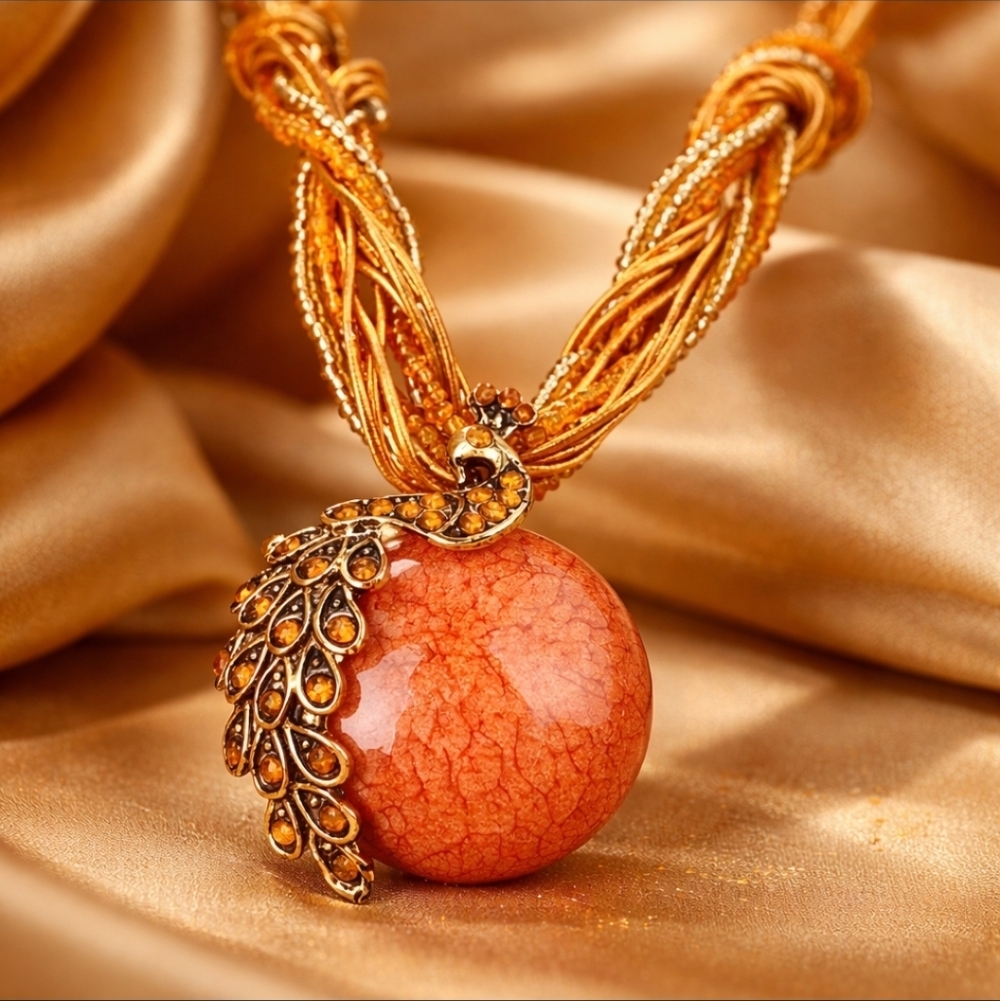 Boho Stunning Orange Necklace with Gold Accents Beading Rhinestones - Picture 2 of 4